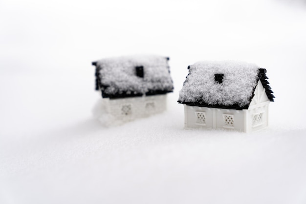 Deux maisons modèles 3D sur fond naturel de neige pour la saison d'hiver