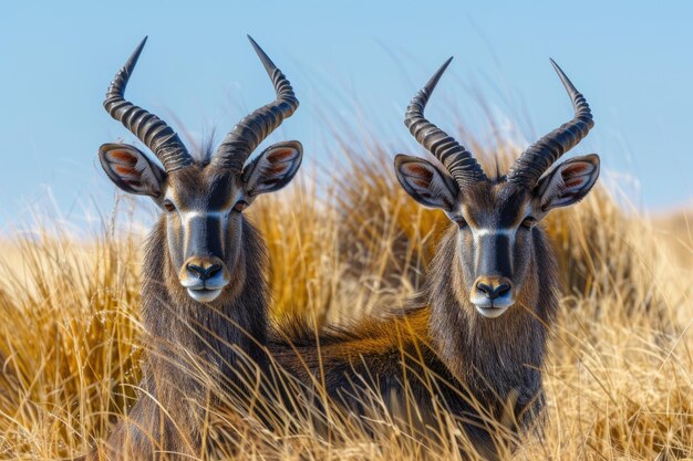 Photo deux mâles de waterbuck dans le parc national d'etosha, en namibie