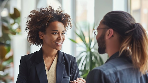 Photo deux managers qui se parlent et sourient équipe diversifiée blanc propre éclairage doux et lumineux bureau magnifique