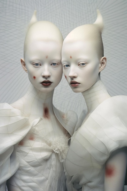 deux mannequins avec une robe blanche et un rouge à lèvres rouge.