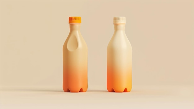 Photo deux maquettes de bouteilles d'eau illustrées en 3d. l'une est orange, l'autre est brune.
