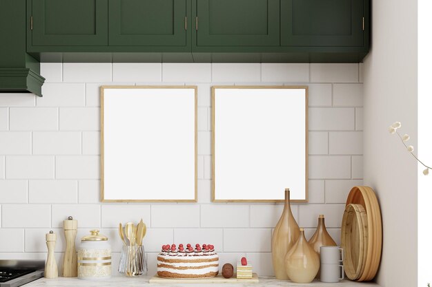 Photo deux maquettes de cadre dans la salle de cuisine avec gâteau