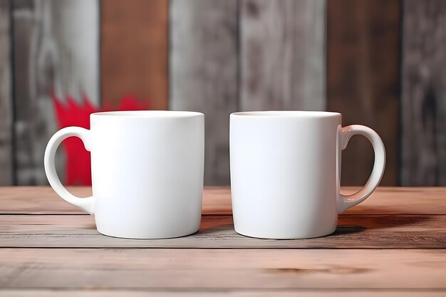Deux maquettes de tasses blanches sur un fond en bois modèle de maquette de tasses