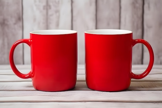 Deux maquettes de tasses rouges sur un fond en bois modèle de maquette de tasses