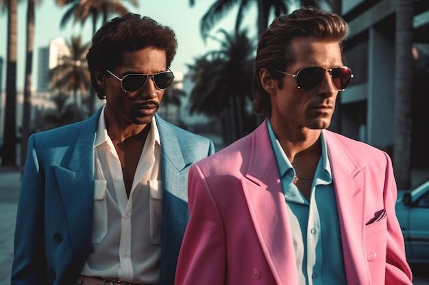 Deux mecs rétro façonnés à Miami dans des lunettes de soleil Scène de coucher de soleil à Miami des années 80 Synth wave Nostalgia Fashion Look Book Generative ai