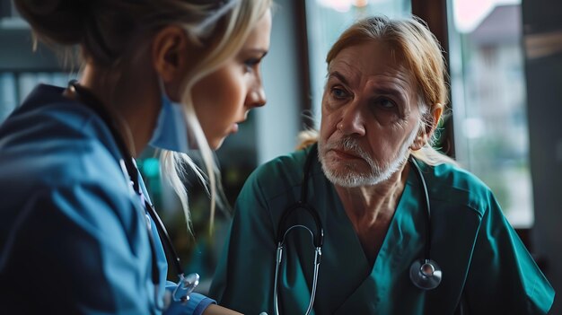 Photo deux médecins, une jeune femme et un homme âgé, ont une conversation sérieuse dans une chambre d'hôpital.