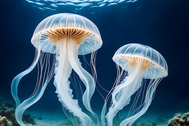 deux méduses transparentes sur le fond de la mer