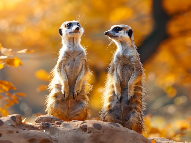 Deux mercats vigilants sur un affleurement rocheux au milieu des feuilles dorées d'automne