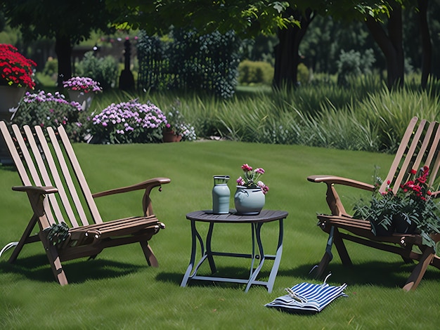 Deux meubles de jardin en bois, gazon en plein air pour les chaudes journées d'été avec deux chaises de génération Ai