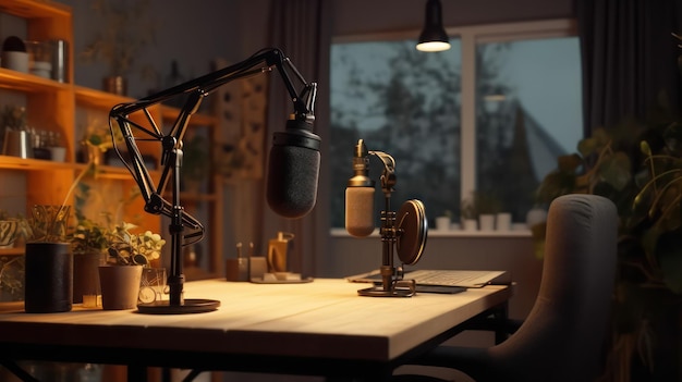 Deux microphones sans fil sur la table prêts à être utilisés pour le podcast avec Ai Generated