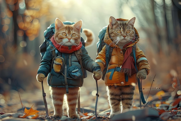 Deux mignons chats anthropomorphes marchant sur leurs pieds comme des humains se tiennent debout sur le sol main dans la main portant des vêtements de plein air humains