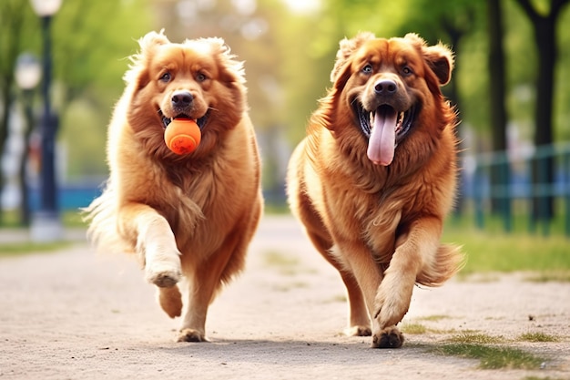 Deux mignons chiens jouant avec une balle dans le parc IA générative