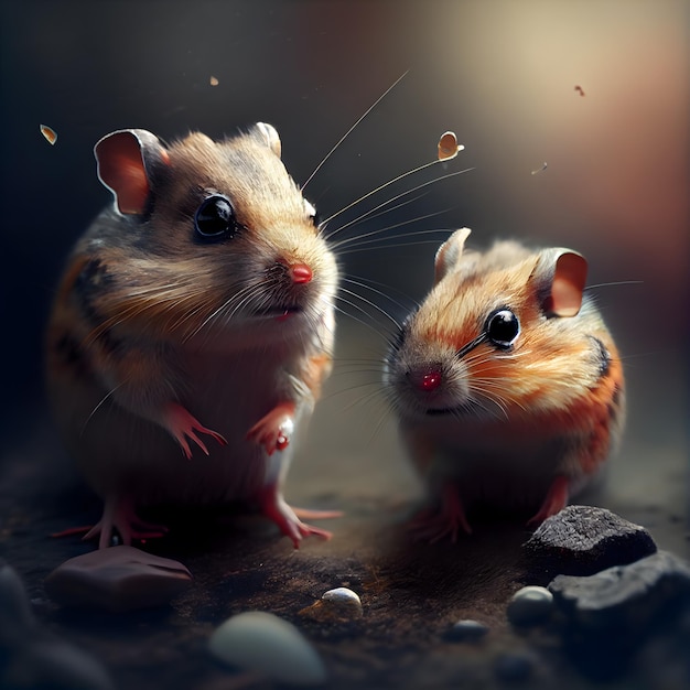 Deux mignons hamsters syriens sur un fond sombre Gros plan