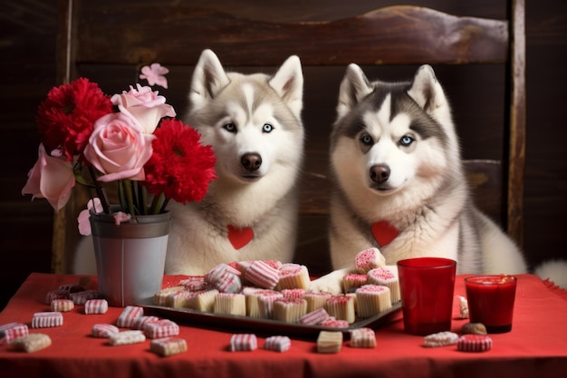 Deux mignons huskies allongés ensemble avec un cœur rouge Concept de la Saint-Valentin Illustration d'IA générative