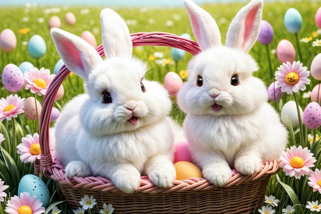 Deux mignons lapins blancs dans un panier avec des œufs décorés sur la pelouse carte de Pâques