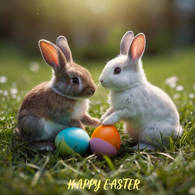 Deux mignons petits lapins avec des œufs de Pâques dans l'herbe Illustration