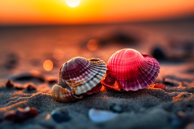 Deux minuscules coquillages de corail et de palourde sur la plage au coucher du soleil