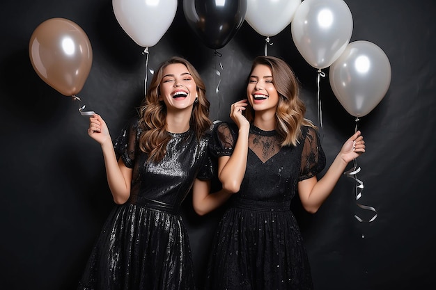 Deux modèles riants en robes de nuit à la mode sur le fond noir du mur dans les ballons du studio