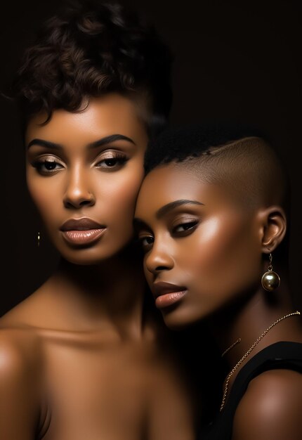 Photo deux modèles sexy afro-américains en maquillage complet et photographie de mode de style de cheveux de couleur