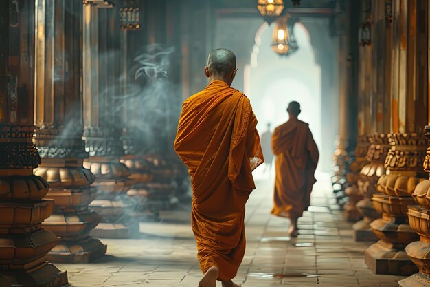 Deux moines marchent dans une salle d'un temple.