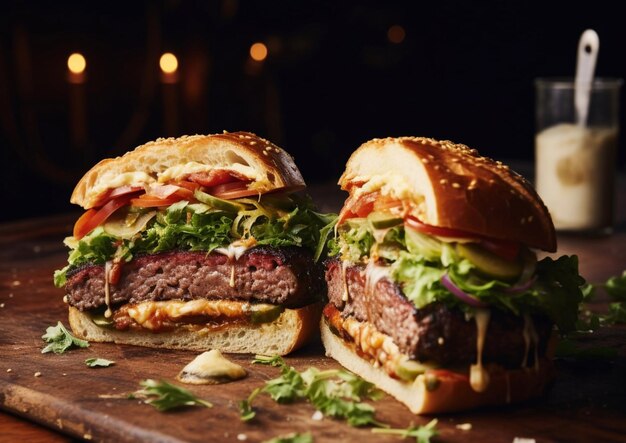Deux moitiés de délicieux hamburgers de bœuf au fromage et à la laitue avec tomate et sauce sur une table en bois