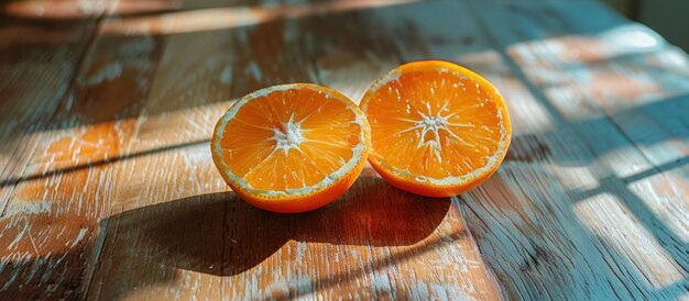 Photo deux moitiés d'orange sur une table en bois