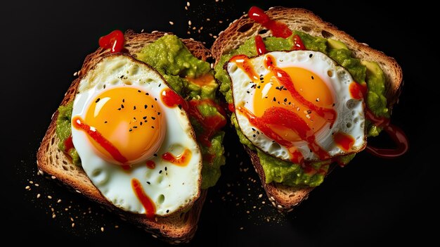 Deux moitiés de pain grillé avec de l'avocat et un œuf frit.