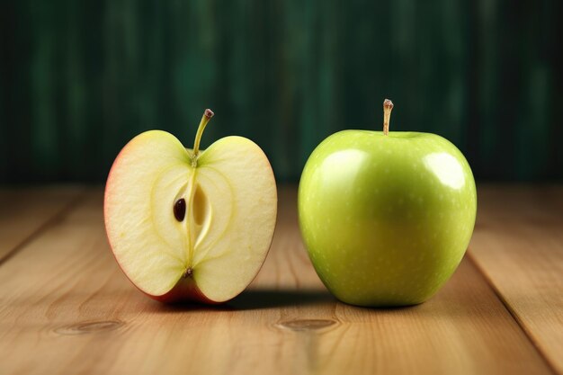 Deux moitiés de pomme sur une table