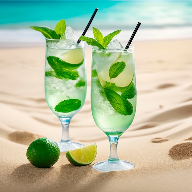 deux mojitos avec glace et menthe au bord de la mer