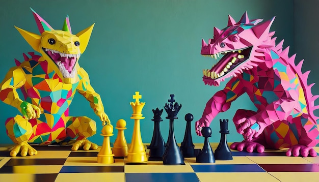 Deux monstres jouant aux échecs dans le style du cubisme avec des couleurs vives et une faible résolution