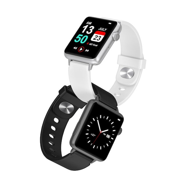 Deux montres intelligentes modernes en noir et blanc avec sangles sur fond blanc. Rendu 3D