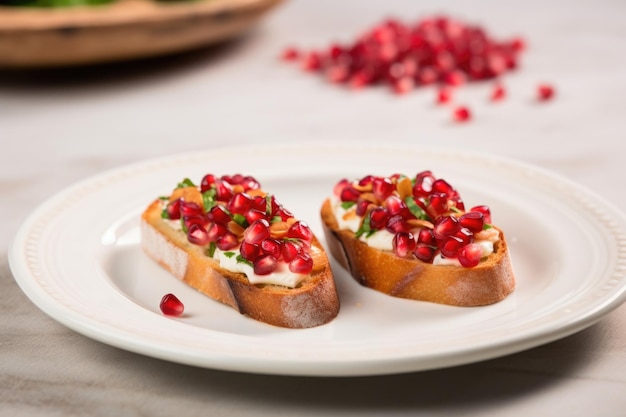 Deux morceaux de bruschetta avec des graines de grenade côte à côte sur un plat de porcelaine blanche