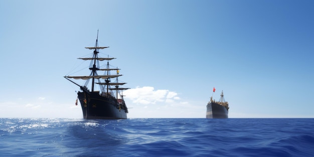 Deux navires dans l'océan avec un ciel bleu et un drapeau rouge sur la droite.