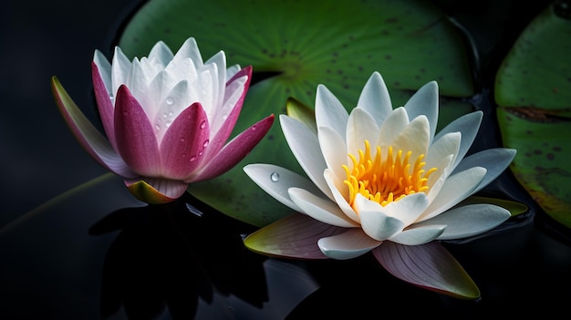 Deux nénuphars dans un étang avec une fleur rose et blanche