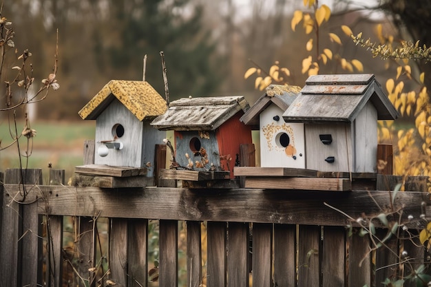 Deux nichoirs et deux mangeoires sur une clôture en bois