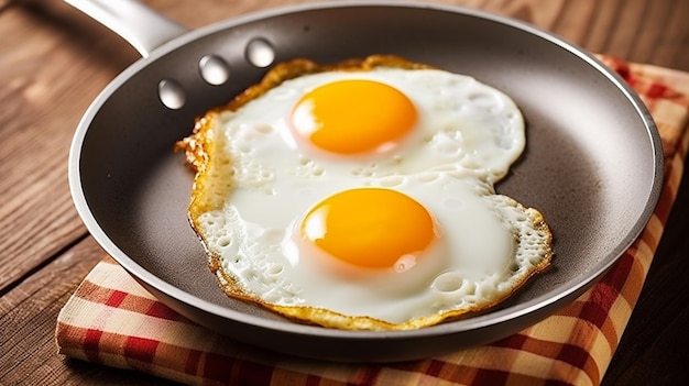 Deux œufs au plat sur une poêle avec une serviette sur le côté.