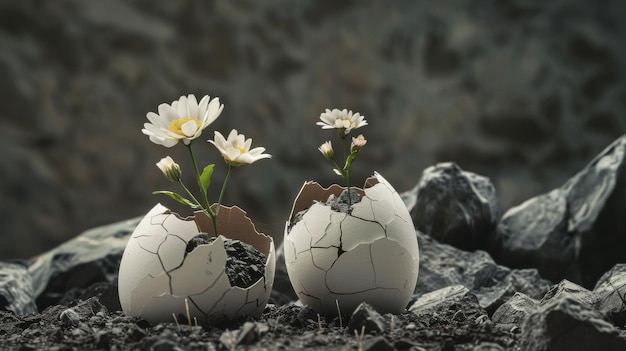 Deux œufs cassés avec des fleurs qui poussent