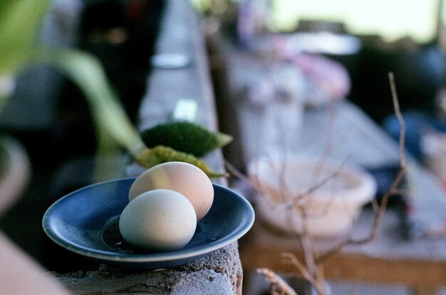 Photo deux œufs frais indigènes dans un plat en céramique bleue dans une cuisine extérieure à la campagne