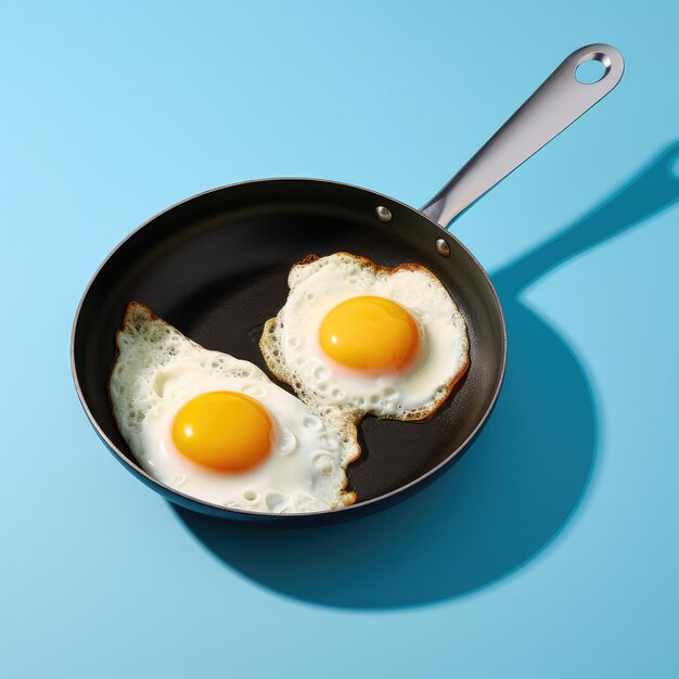 Deux œufs frits dans une poêle à frire sur fond bleu