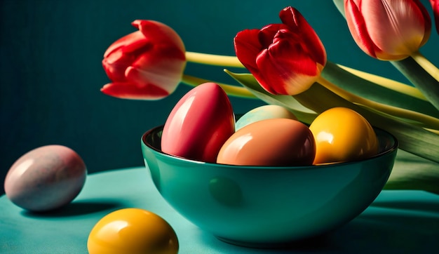 Deux oeufs de pâques colorés dans un bol avec des tulipes roses