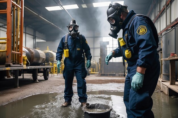 Deux officiers portant des masques à gaz ont inspecté la zone de fuite de produits chimiques.