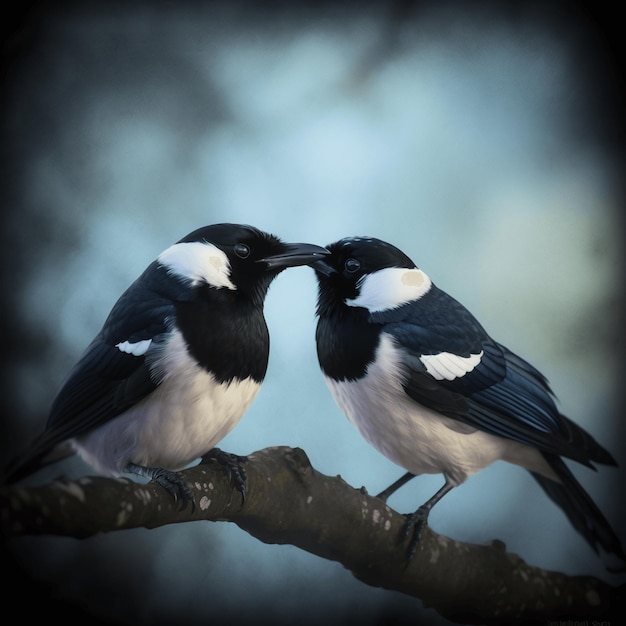 Deux oiseaux d'amour sont assis sur une branche Les corbeaux du printemps sont arrivés