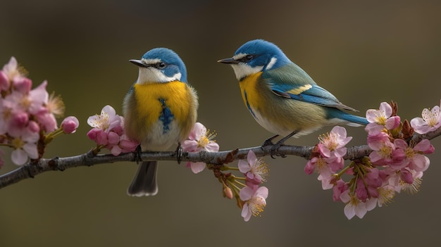 Deux oiseaux assis sur une branche avec des fleurs roses