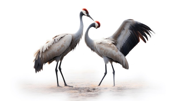 deux oiseaux au bec rouge se tiennent dans l'eau.