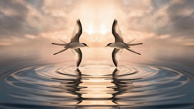 Deux oiseaux blancs et noirs volant sur l'eau se reflétant