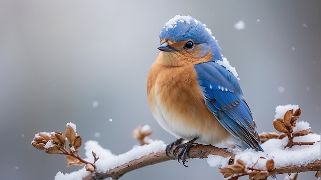 Deux oiseaux bleus sont perchés sur une branche couverte de neige se regardant l'un l'autre