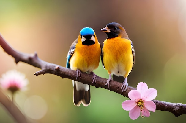 Deux oiseaux sur une branche avec une fleur rose en arrière-plan