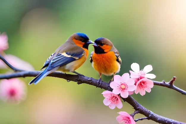 Deux oiseaux sur une branche avec des fleurs roses