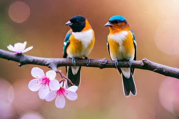 Deux oiseaux sur une branche avec des fleurs roses