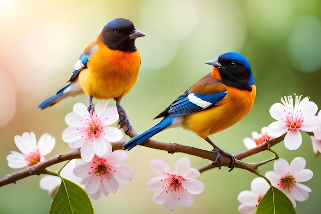 Deux oiseaux sur une branche avec des fleurs